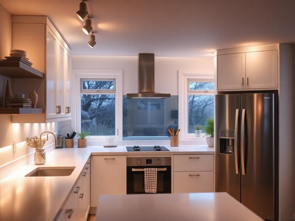 Kök med spotlights och LED-list under köksskåpen
